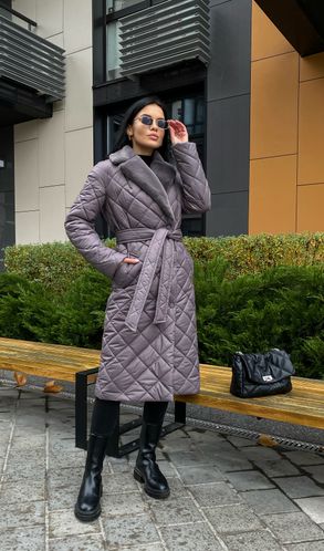 Куртка зимова стьобана міді Mila комір зі штучного хутра лілова RTL